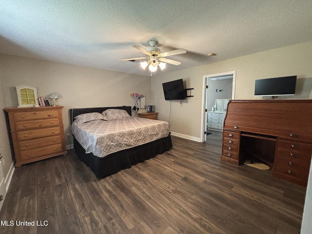 bedroom featuring baseboards, a ceiling fan, dark wood-style floors, and a textured ceiling