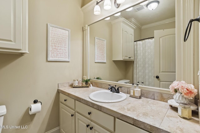 full bath with vanity, toilet, visible vents, and ornamental molding