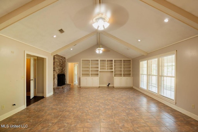 290 Abigail Ln, Bentonia, MS 39040 - unfurnished living room with visible vents, a ceiling fan, baseboards, lofted ceiling with beams, and a fireplace
