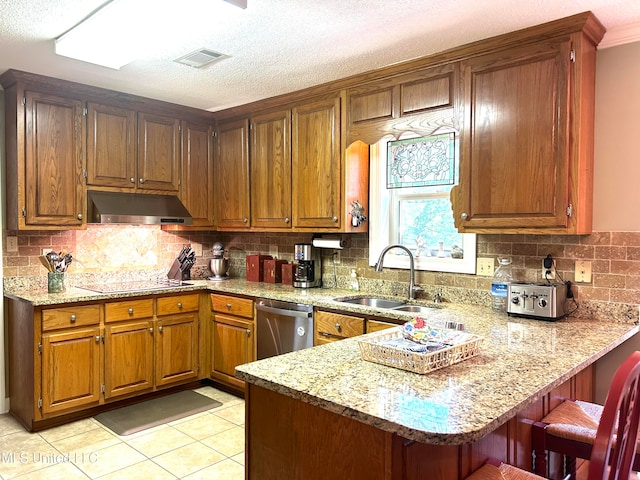 kitchen featuring sink, kitchen peninsula, dishwasher, and light tile patterned floors