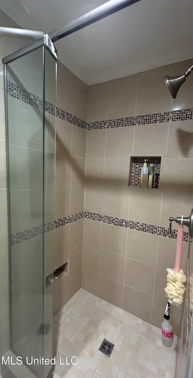 bathroom with a shower with shower door