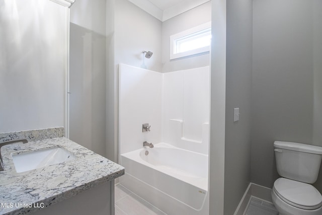 full bathroom featuring toilet, shower / washtub combination, vanity, and tile patterned flooring