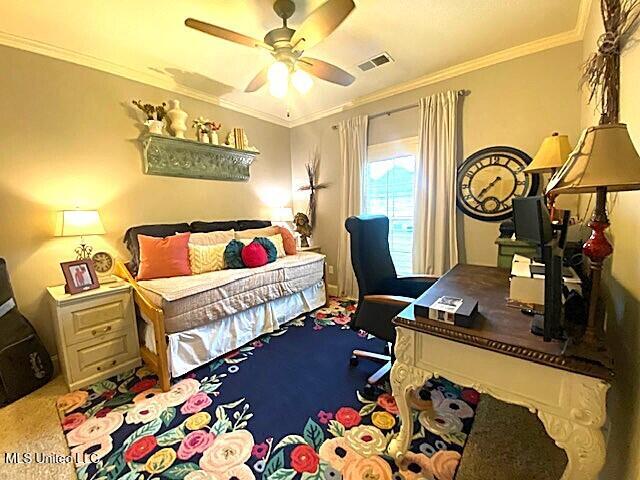 771 Robertson Way, Hernando, MS 38632 - bedroom featuring carpet flooring, an office area, ornamental molding, and a ceiling fan