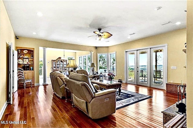6301 Mary Mahoney Dr, Ocean Springs, MS 39564 - living area with decorative columns, a ceiling fan, wood-type flooring, recessed lighting, and french doors