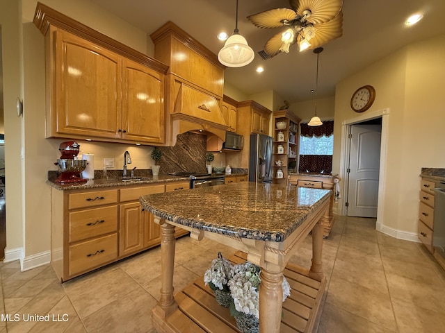 6301 Mary Mahoney Dr, Ocean Springs, MS 39564 - kitchen featuring open shelves, stainless steel appliances, ceiling fan, a sink, and dark stone countertops