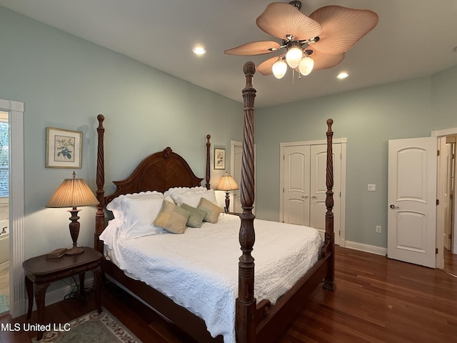 6301 Mary Mahoney Dr, Ocean Springs, MS 39564 - bedroom with wood finished floors, baseboards, recessed lighting, ceiling fan, and a closet