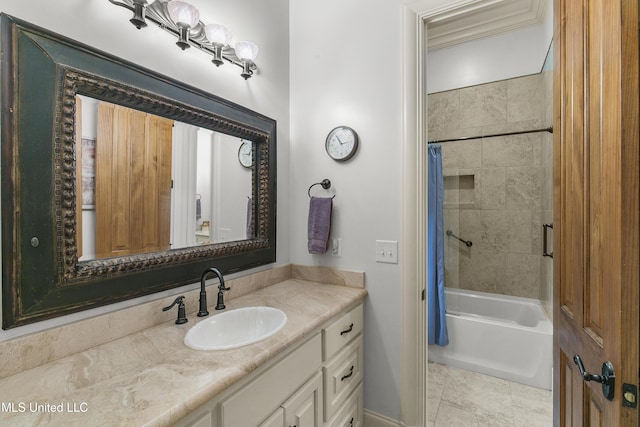 bathroom featuring tile patterned flooring, vanity, and shower / tub combo with curtain