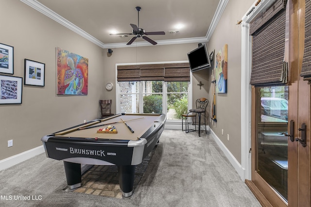 game room featuring ceiling fan, light colored carpet, crown molding, and pool table