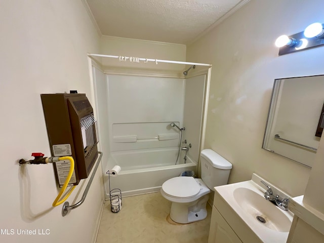 full bathroom featuring shower / tub combination, a textured ceiling, toilet, vanity, and crown molding