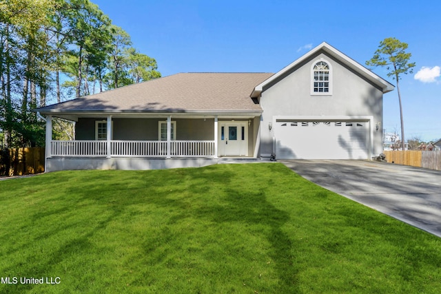 view of front of home with a garage, covered porch, and a front lawn