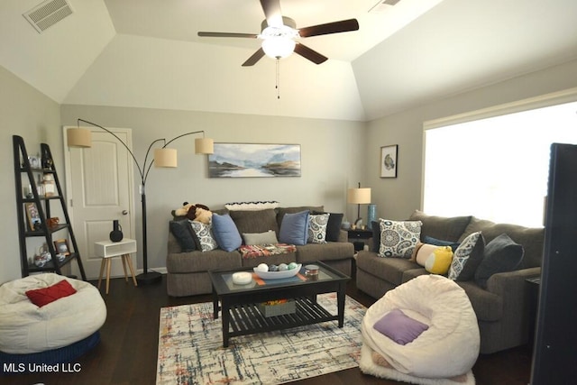 8146 Wisteria Dr, Olive Branch, MS 38654 - living room with vaulted ceiling, a ceiling fan, and wood finished floors