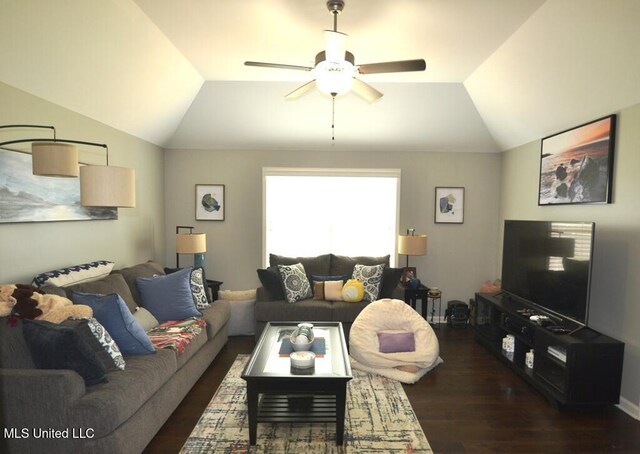 8146 Wisteria Dr, Olive Branch, MS 38654 - living room featuring vaulted ceiling, wood finished floors, and ceiling fan