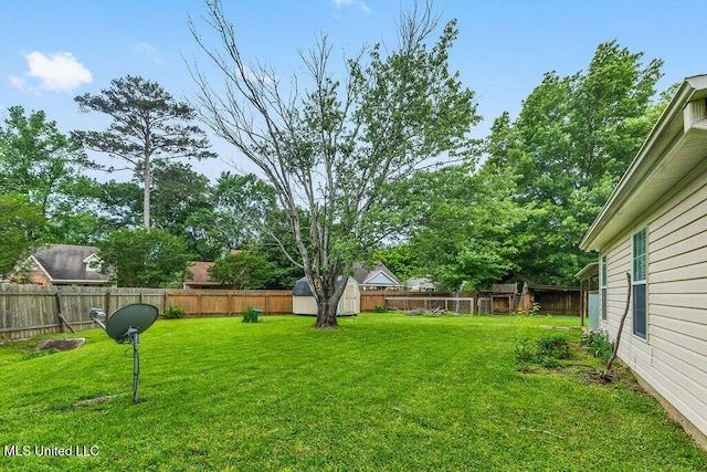 view of yard with a fenced backyard, an outdoor structure, and a storage shed
