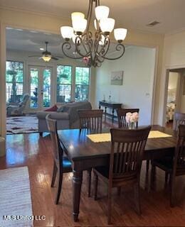 3808 Acadian Village Dr, Ocean Springs, MS 39564 - dining room with a chandelier, wood finished floors, and a ceiling fan