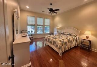 3808 Acadian Village Dr, Ocean Springs, MS 39564 - bedroom with dark wood-style floors, baseboards, recessed lighting, and a ceiling fan