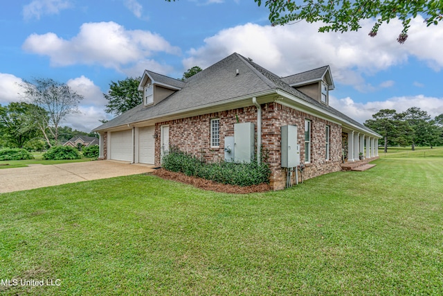 view of property exterior featuring a yard and a garage