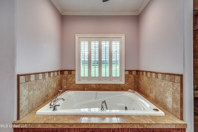 bathroom featuring a relaxing tiled tub and ornamental molding