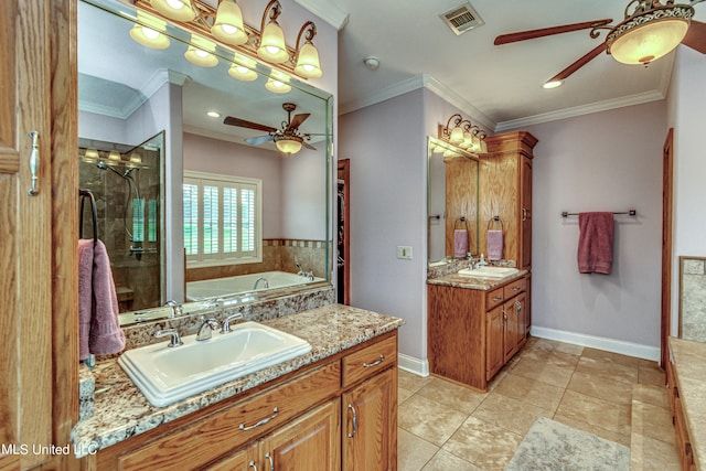 bathroom featuring vanity, ceiling fan, ornamental molding, and shower with separate bathtub