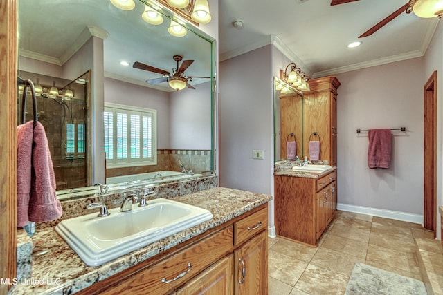 bathroom featuring separate shower and tub, ceiling fan, tile patterned floors, vanity, and crown molding