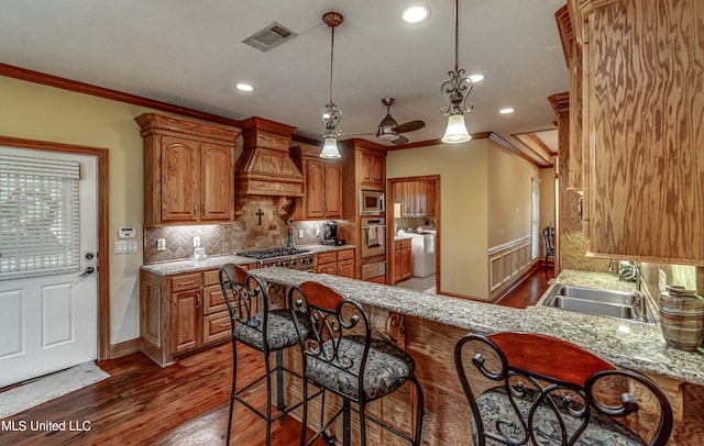 kitchen featuring dark wood-type flooring, stainless steel appliances, sink, crown molding, and custom exhaust hood