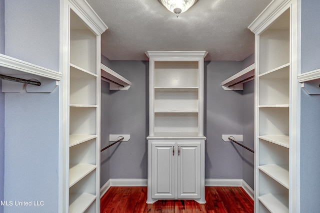 walk in closet with dark hardwood / wood-style floors