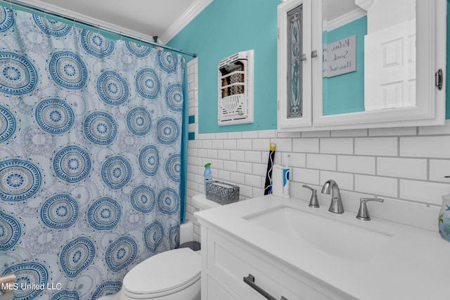 full bathroom featuring toilet, crown molding, shower / bath combo, and vanity