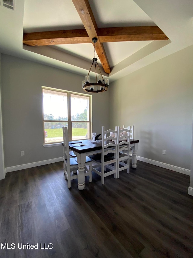 dining space featuring beamed ceiling and dark wood-type flooring