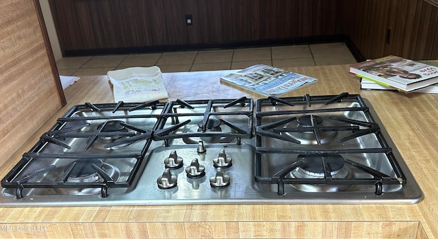 details featuring stainless steel gas stovetop and tile patterned flooring