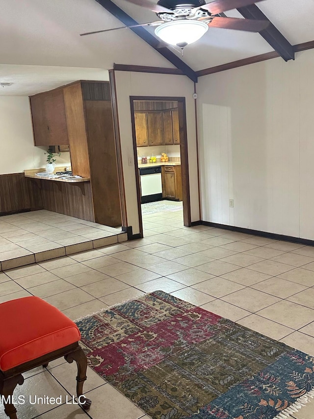 tiled living room with crown molding, lofted ceiling with beams, and ceiling fan