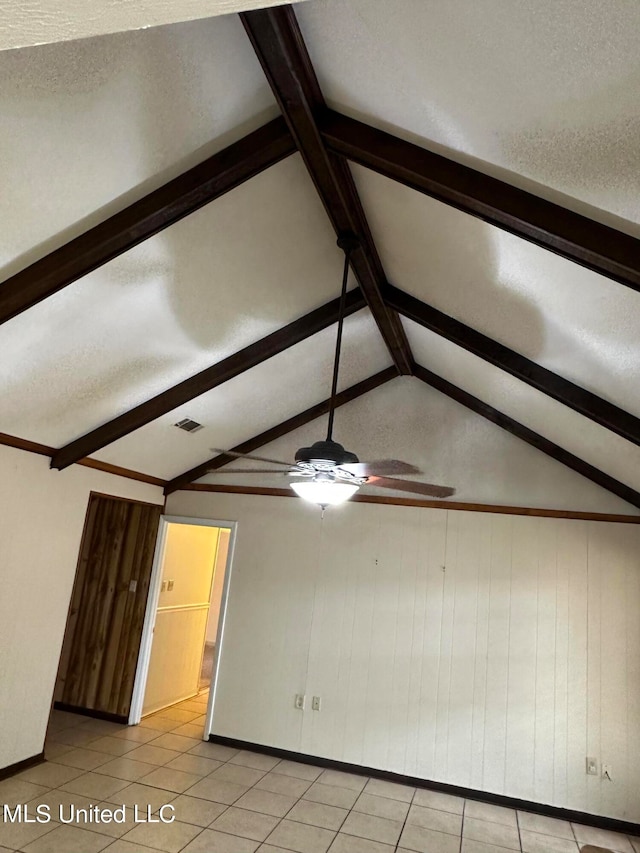 interior space featuring lofted ceiling with beams, a textured ceiling, and ceiling fan