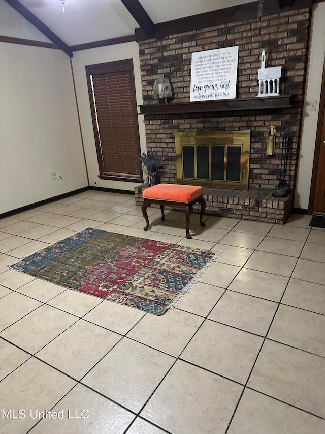 tiled living room with a fireplace