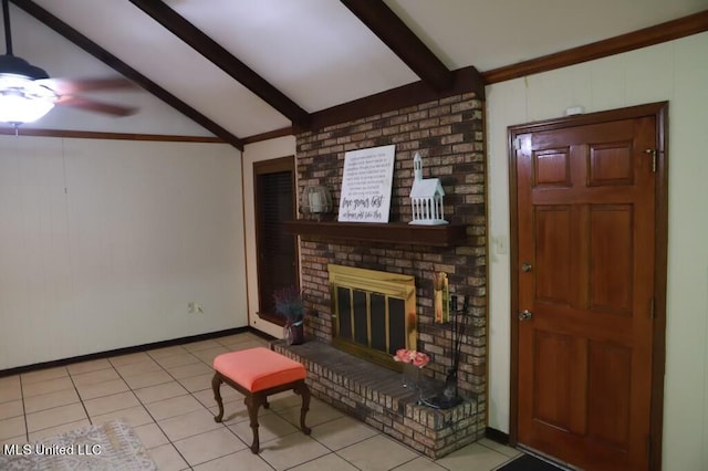 living room with lofted ceiling with beams, a fireplace, light tile patterned floors, and ceiling fan