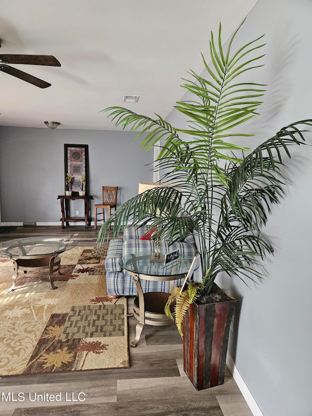 dining room with wood-type flooring and ceiling fan