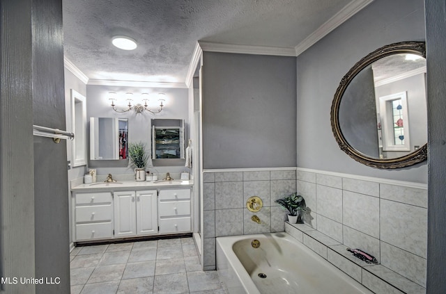 506 Ridge Cir, Brandon, MS 39047 - full bath featuring vanity, a bath, tile patterned floors, a textured ceiling, and crown molding