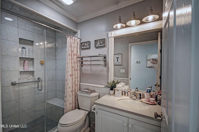 506 Ridge Cir, Brandon, MS 39047 - bathroom with ornamental molding, a shower stall, vanity, and tile walls