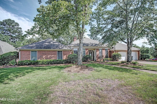 506 Ridge Cir, Brandon, MS 39047 - ranch-style home with brick siding, a garage, a chimney, and a front lawn