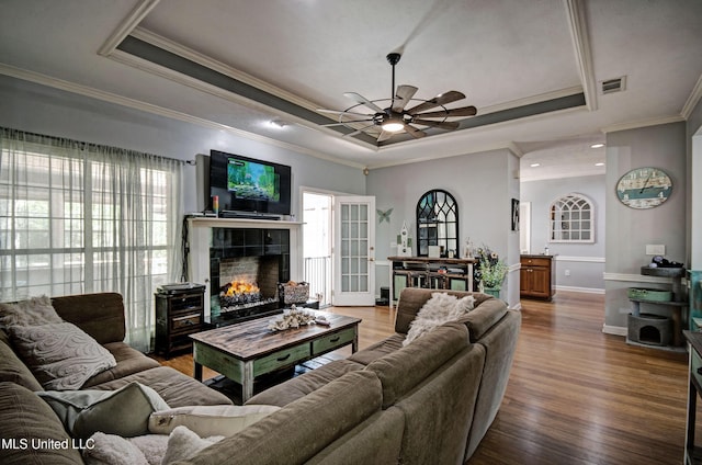 506 Ridge Cir, Brandon, MS 39047 - living room featuring ornamental molding, ceiling fan, a tray ceiling, healthy amount of natural light, and a fireplace