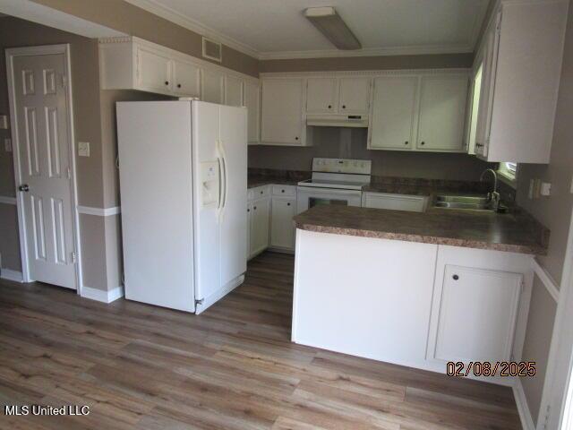 kitchen featuring sink, white appliances, wood-type flooring, and white cabinets