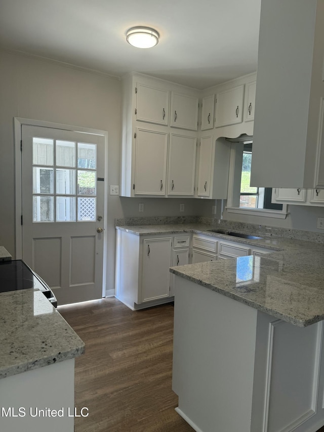 kitchen with a peninsula, dark wood-style floors, white cabinets, and light stone countertops