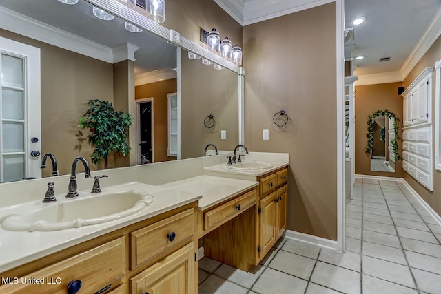 bathroom featuring vanity, tile patterned floors, and crown molding