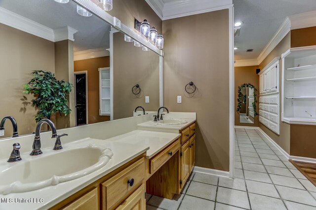 bathroom with vanity, tile patterned floors, and ornamental molding