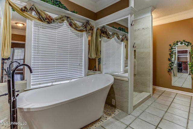 bathroom with tile patterned flooring, plus walk in shower, and ornamental molding