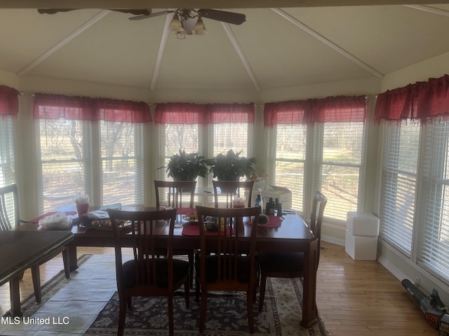 dining space featuring hardwood / wood-style floors, plenty of natural light, vaulted ceiling, and ceiling fan