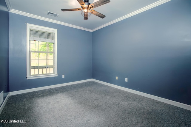 empty room featuring crown molding, ceiling fan, baseboards, and carpet flooring