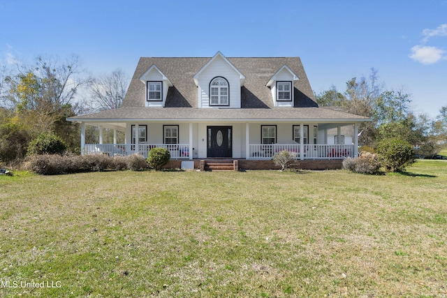 country-style home with covered porch, a front lawn, and roof with shingles