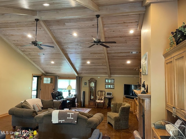 living room with beam ceiling, wooden ceiling, and ceiling fan