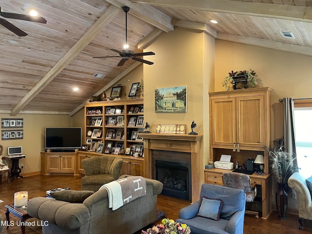 living room with vaulted ceiling with beams, dark hardwood / wood-style floors, wooden ceiling, and ceiling fan