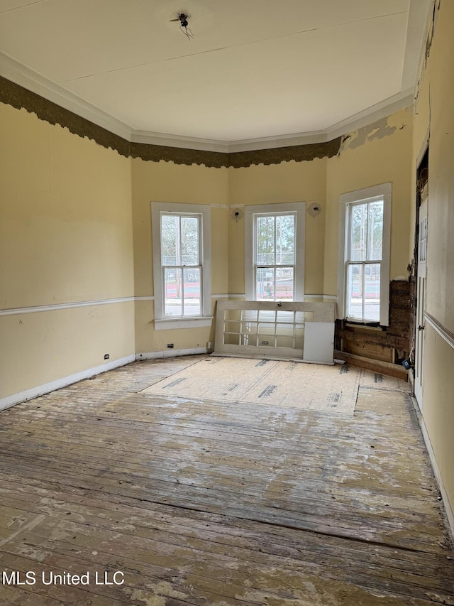 unfurnished room with a healthy amount of sunlight, baseboards, and ornamental molding