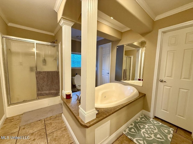 bathroom with tile patterned flooring, ornamental molding, and independent shower and bath