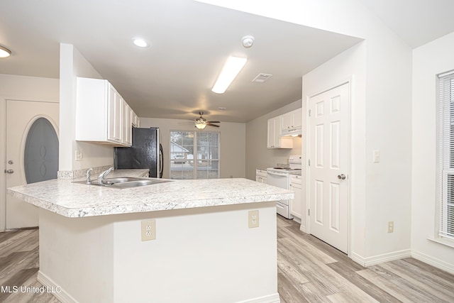 kitchen with white electric range, sink, white cabinetry, stainless steel fridge, and kitchen peninsula